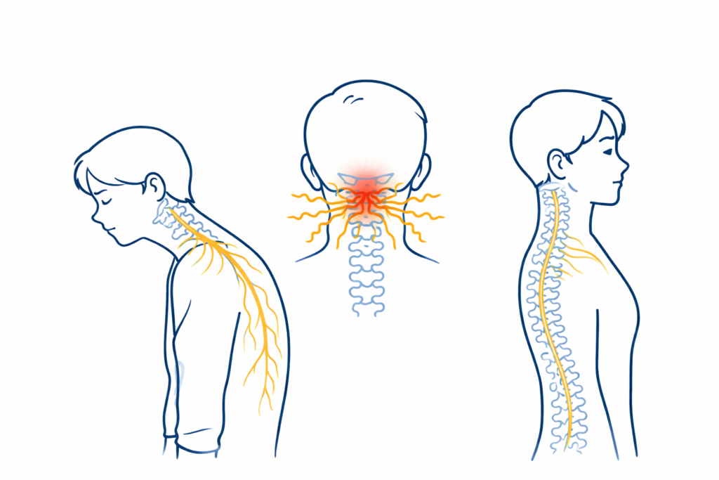 猫背による首の神経圧迫で指にしびれが出る仕組みと、正しい姿勢との比較イラスト